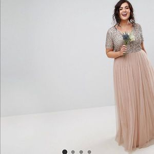 Maya Plus V neck blush Maxi tulle dress w/sequins